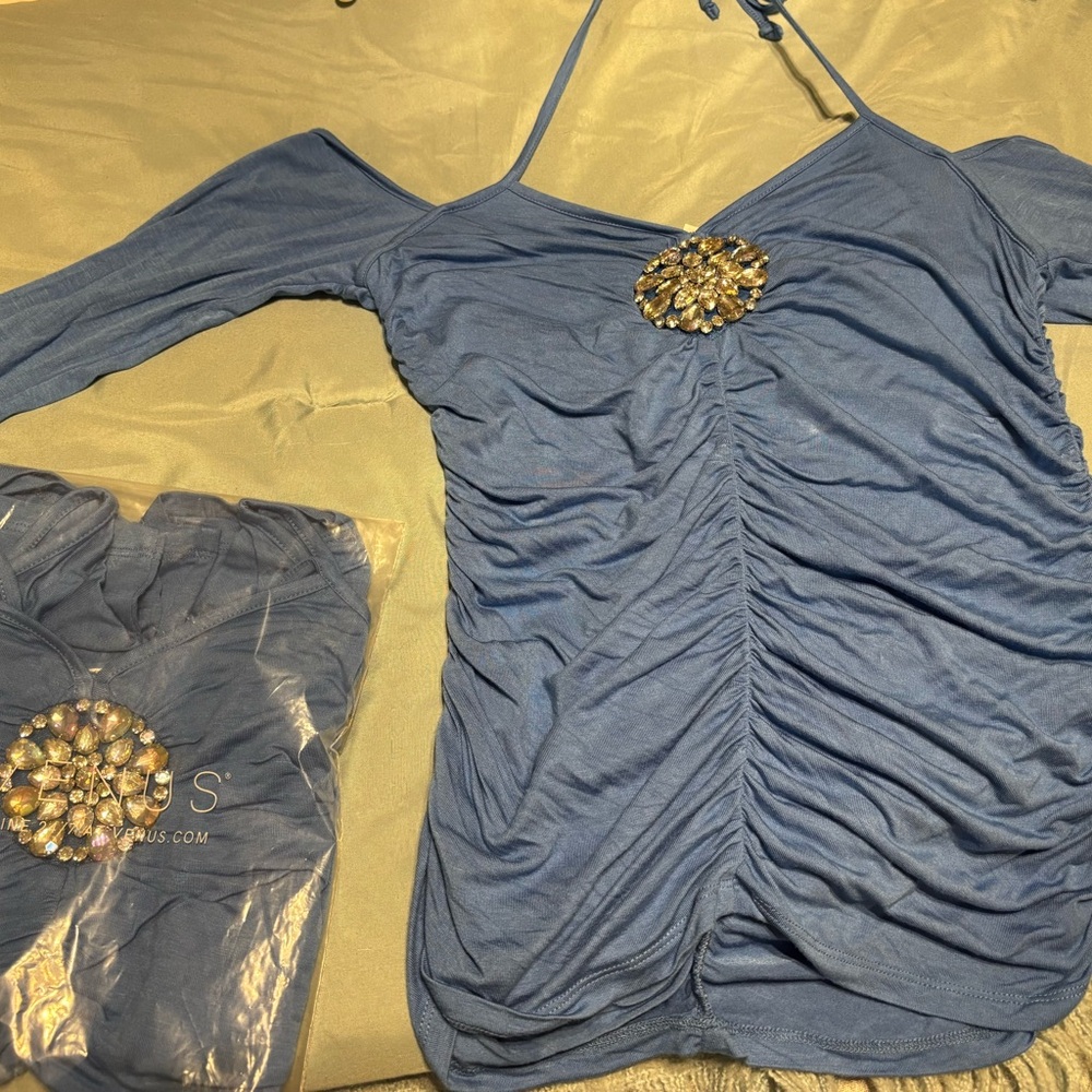 Brand New VENUS Blue Top with Jewel Accent